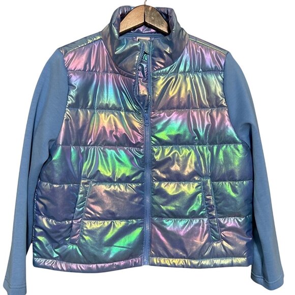 Girls Holographic Puffer Jacket With Blue Sleeves By Xersion XL 18.5 Plus - Picture 1 of 5